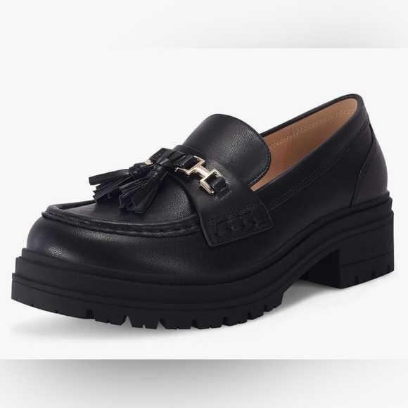 New Womens Lug Sole Platform Mid Chunky Heel Loafers Classic Round Toe Slip - Picture 11 of 11